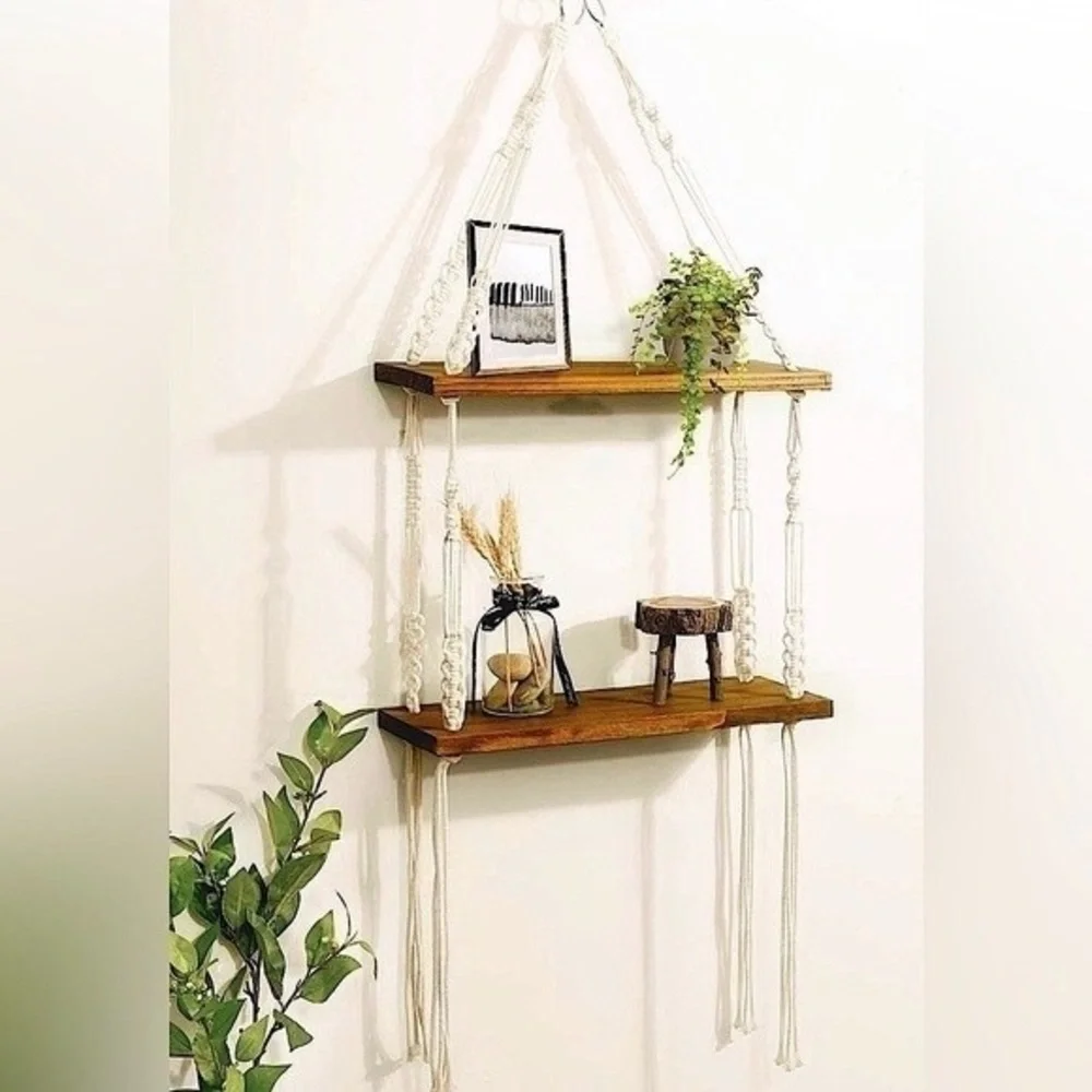 Boho Hanging Wall Shelf 2 Tier Macrame Floating Shelves